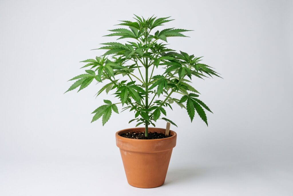 Ausgewogene Hybrid-Cannabispflanze mit kräftigen grünen Blättern im Topf