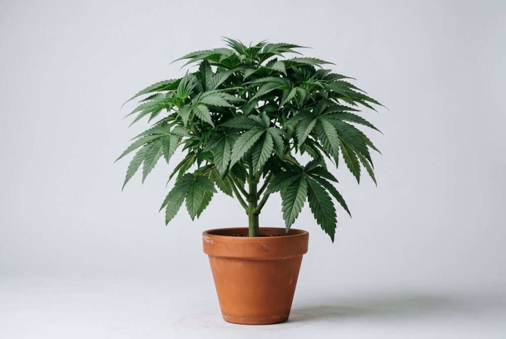 Kompakte Indica-Cannabispflanze mit breiten dunkelgrünen Blättern im Topf