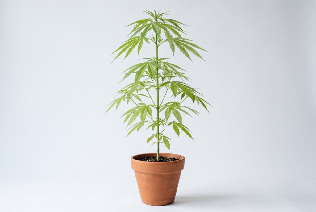 Hohe schlanke Sativa-Cannabispflanze mit schmalen hellgrünen Blättern im Topf
